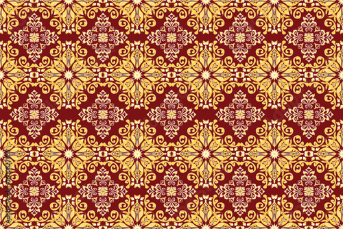 Luxury Batik Style Seamless Pattern, Victorian Damask Ornamentation, Exquisite Red and Gold Geometric Floral Design, Intricate Golden Filigree Tile