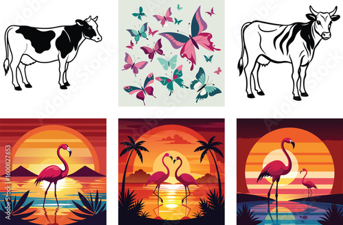 Cute cartoon farm animals set with cow and birds illustration