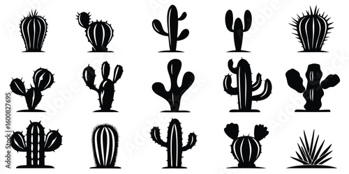 Silhouette Variety Cactus Collection Diverse Desert Plant Illustrations in Black and White Southwestern Flora Graphic Elements for Design