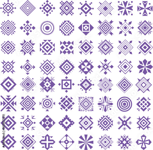 A collection of decorative geometric design elements and tribal patterns in a violet color scheme on white background