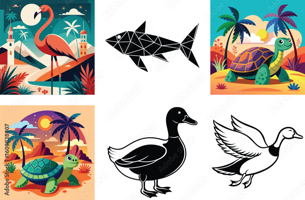 Obraz premium Cute cartoon vector animal and bird illustrations set with seamless nature patterns for design