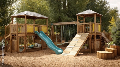 Outdoor wooden playset featuring towers, a slide, and swings, set against a lush green backdrop, perfect for childhood adventures and backyard fun.
