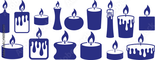 A collection of stylized blue candles with varied shapes and burning flames on white background