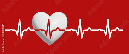 Heart and pulse. Vector 3d illustration isolated on red background.