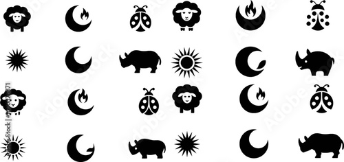 Collection of black and white icons featuring animals celestial bodies and other symbolic designs