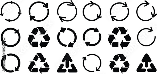 Collection of black recycle symbols and circular arrows illustrating reuse and sustainability concepts