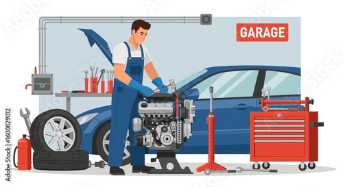 Professional mechanic repairing car engine at auto repair shop with tools in garage