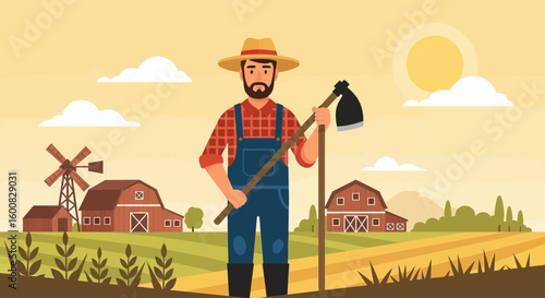 A vibrant illustration of a farmer working in a rural setting on a sunny day