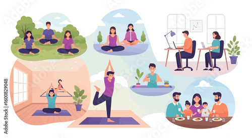 Diverse scenes of individuals practicing yoga, working remotely, and enjoying family time