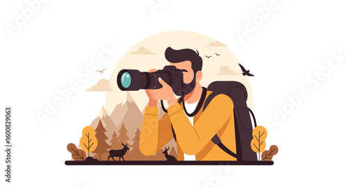 Illustration of a wildlife photographer in nature capturing the beauty of the mountains