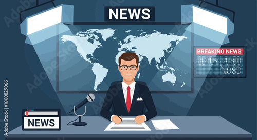 News anchor presenting news in a studio setting with world map background ready to provide