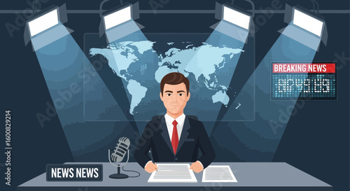 Cartoon news anchor reporting breaking news in a television studio with world map backdrop