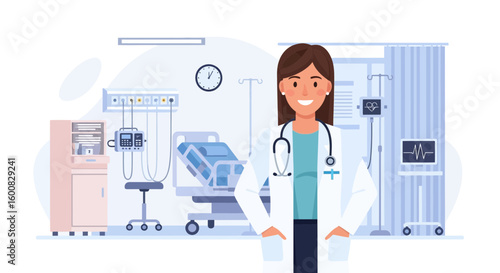 Smiling Female Doctor in Hospital Ward Cartoon Illustration Design Portrait Style