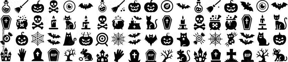 Obraz premium Collection of halloween icons in black and white vector style for festive design projects