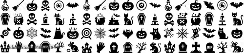 Collection of halloween icons in black and white vector style for festive design projects