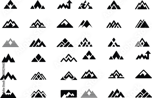 Collection of minimalist mountain icons in various shapes and styles for design purposes and branding