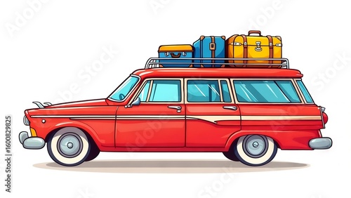 Vintage red station wagon with luggage on the roof rack for a family road trip.