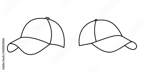 Baseball Cap Outline Set – Vector Hat Illustrations. Collection of four black and white outline illustrations of baseball caps in different angles.