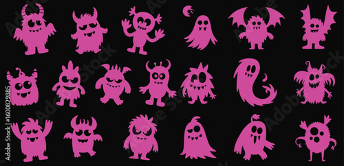 Collection of pink cartoon monsters and ghosts silhouetted on a dark black background for halloween.
