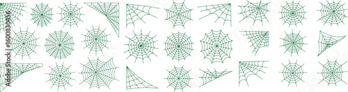 Collection of various spider web illustrations in green color for halloween or spooky themed designs.