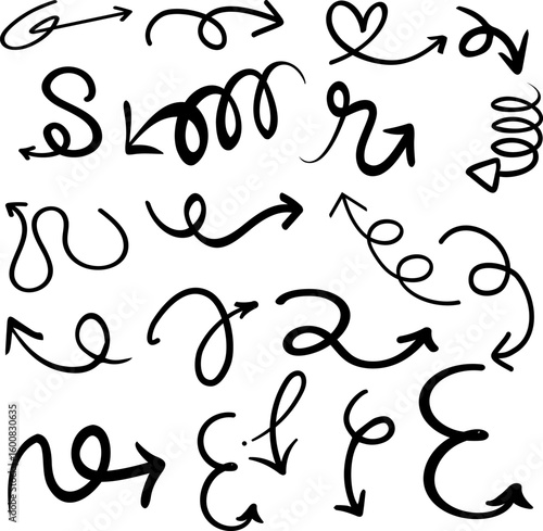 Decorative Doodle Arrow Set – Hand Drawn Loopy and Spiral Arrows Collection on White Background

