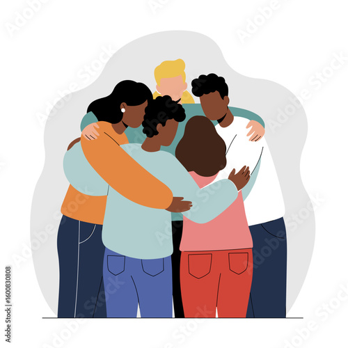 Diverse group of friends embracing each other in supportive gesture  