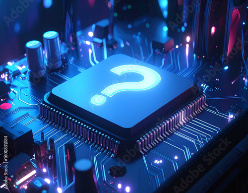AI Computer Chip with questionmark regarding the conception of Artificial Intelligence