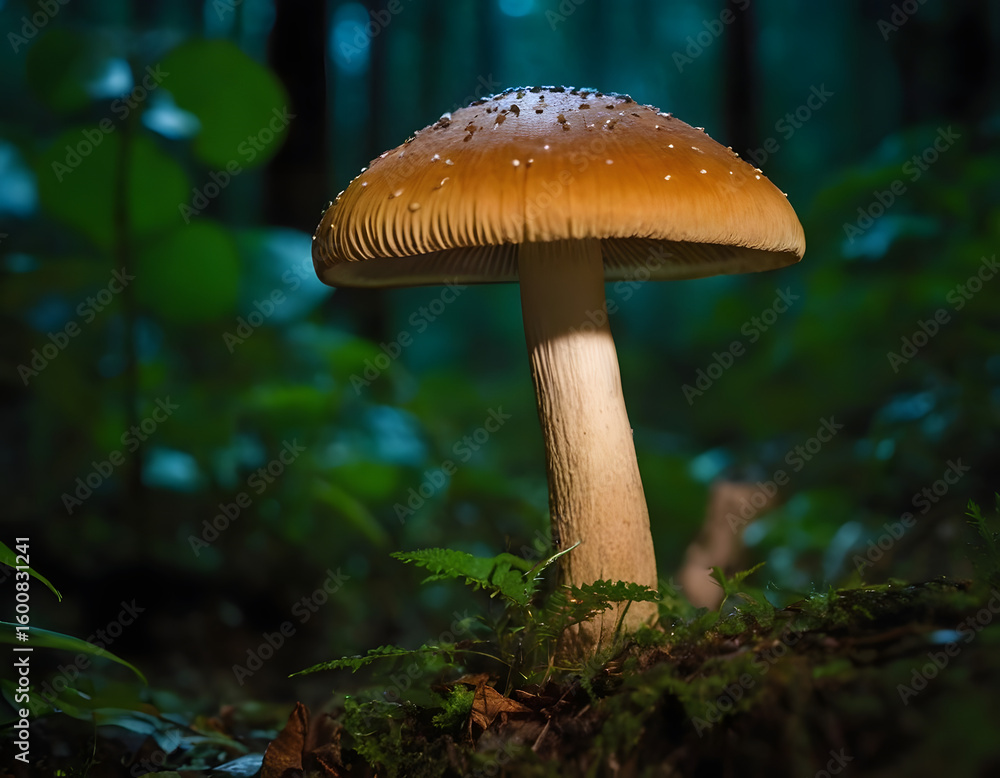 Fototapeta premium mushroom in the jungle, glowing mushroom in the night background, mushroom in the forest