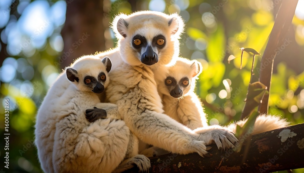 Fototapeta premium Three lemur family members in a forest