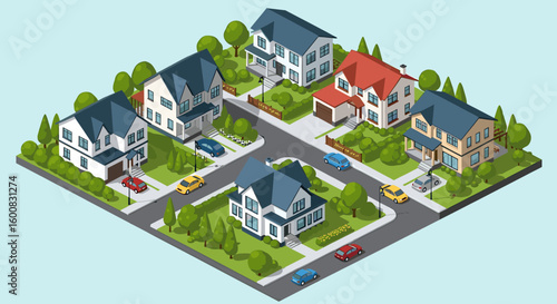 Discover this charming isometric neighborhood showcasing diverse family homes, manicured lawns, and quiet residential streets perfect for lifestyle and real estate concepts.