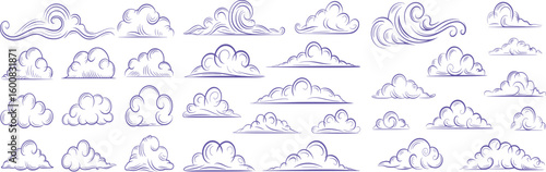 Hand-drawn cloud illustrations set various cloud shapes in a vintage style ready for your design projects