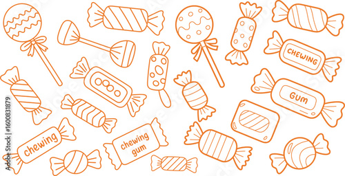 Hand-drawn outlines of various candies and lollipops arranged on a white background illustrating sweetness.