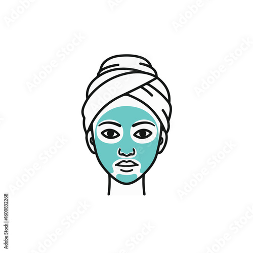 A woman with a facial mask and a towel on her head.
