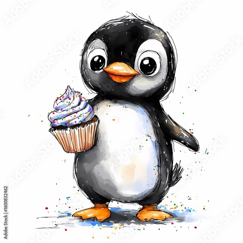Cute penguin holding cupcake whimsical bakery scene illustrative art playful environment close-up view charming concept for all ages