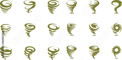 Set of various green tornado and twister vector illustrations on a white background for design elements.