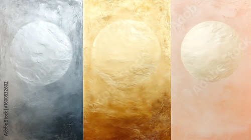 Triptych of abstract textured spheres in silver, gold and peach tones. Modern art concept