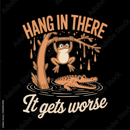 Humorous illustration of a frog hanging from a tree branch above a crocodile in water.