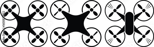 Three black drone illustrations representing technology innovation aviation and modern aerial photography