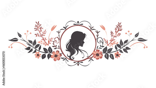 Black and red floral cameo frame with woman silhouette