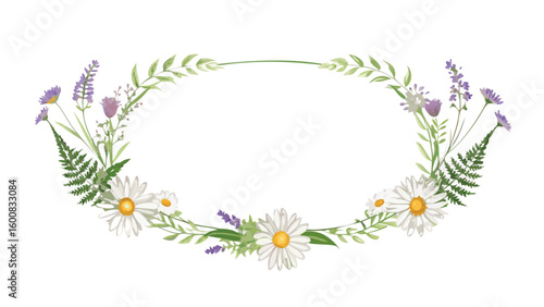 Oval frame with white daisies and lavender flowers