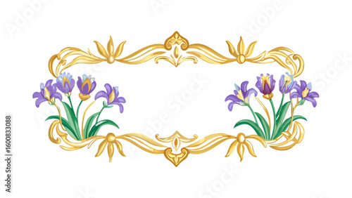 Ornamental golden frame with purple iris flowers