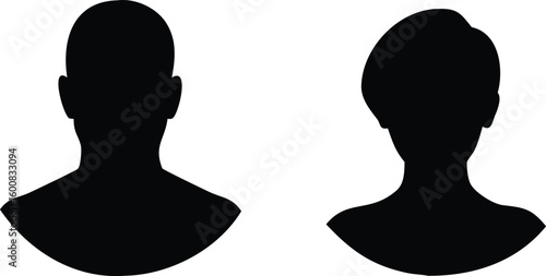 Male and Female Silhouettes Black Outlines of Heads and Shoulders on White Background