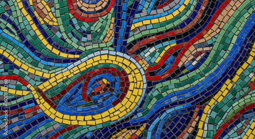 Vibrant Mosaic Art Colorful Tiles in Swirling Patterns and Abstract Design.