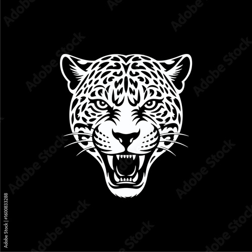 A snarling jaguar's head, rendered in stark white against a black background, showcases detailed spots and intense expression.