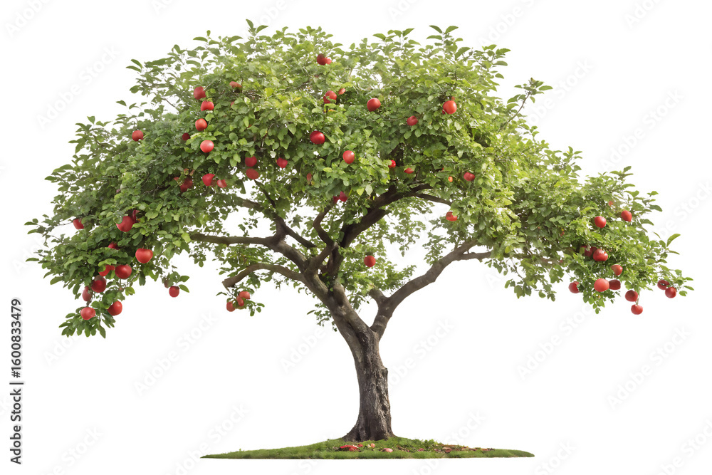 Lush apple tree with abundant red fruit growing on spreading branches in natural orchard setting, isolated on a transparent background Lush apple tree with abundant red fruit growing on spreading branches in natural orchard setting, isolated on a transparent background