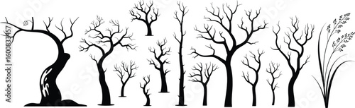 Vector illustration of black silhouette trees and plants on a white background for design elements