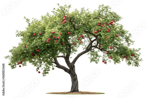 Large mature apple tree with abundant red fruit hanging from green leafy branches, isolated on a transparent background