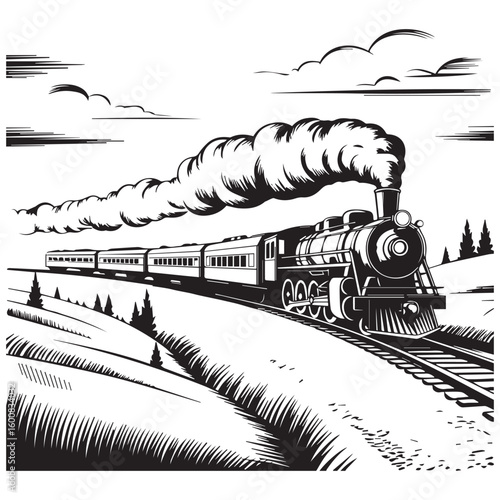 Vintage Steam Train Illustration on White Background