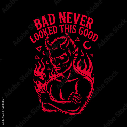 Red devil illustration with horns, arms crossed, surrounded by flames and geometric shapes, with the text "Bad Never Looked This Good".