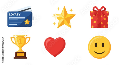 Six flat vector icons depicting a loyalty card, star, gift, trophy, heart, and smiley face arranged on a white background.